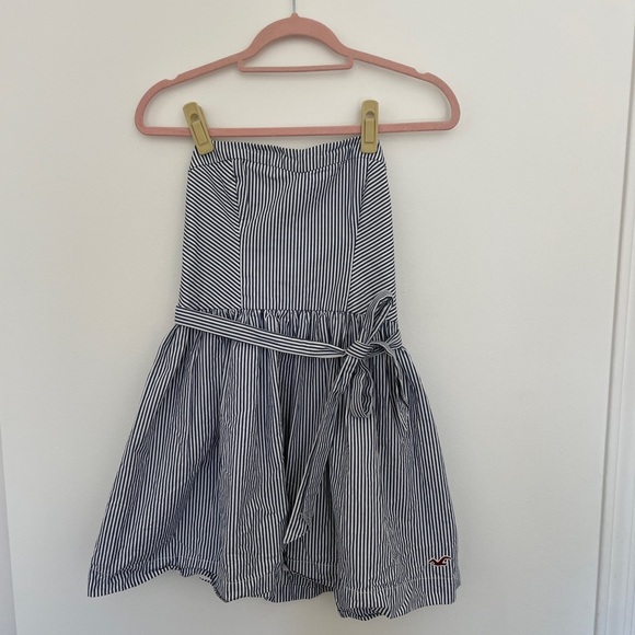 Hollister Blue White Strapless Bow Dress L | Nautical Stripe Cotton Fit & Flare - Picture 2 of 6